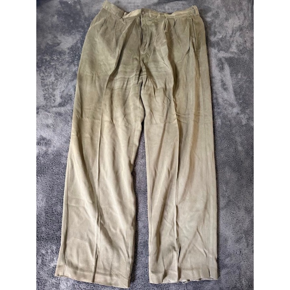 Tommy Bahama Mens 100% Silk Pleated Pants Beige Khaki 36x30 Wide Leg